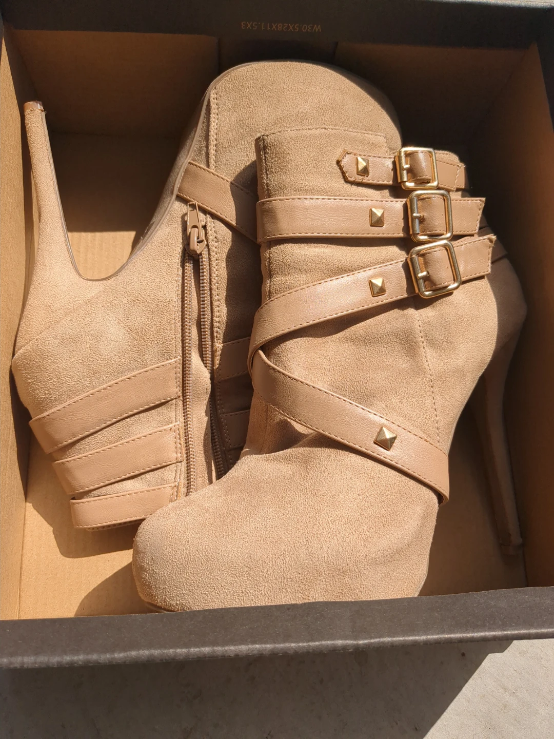 Women's Beige Suede Ankle Boots with Buckle Detail