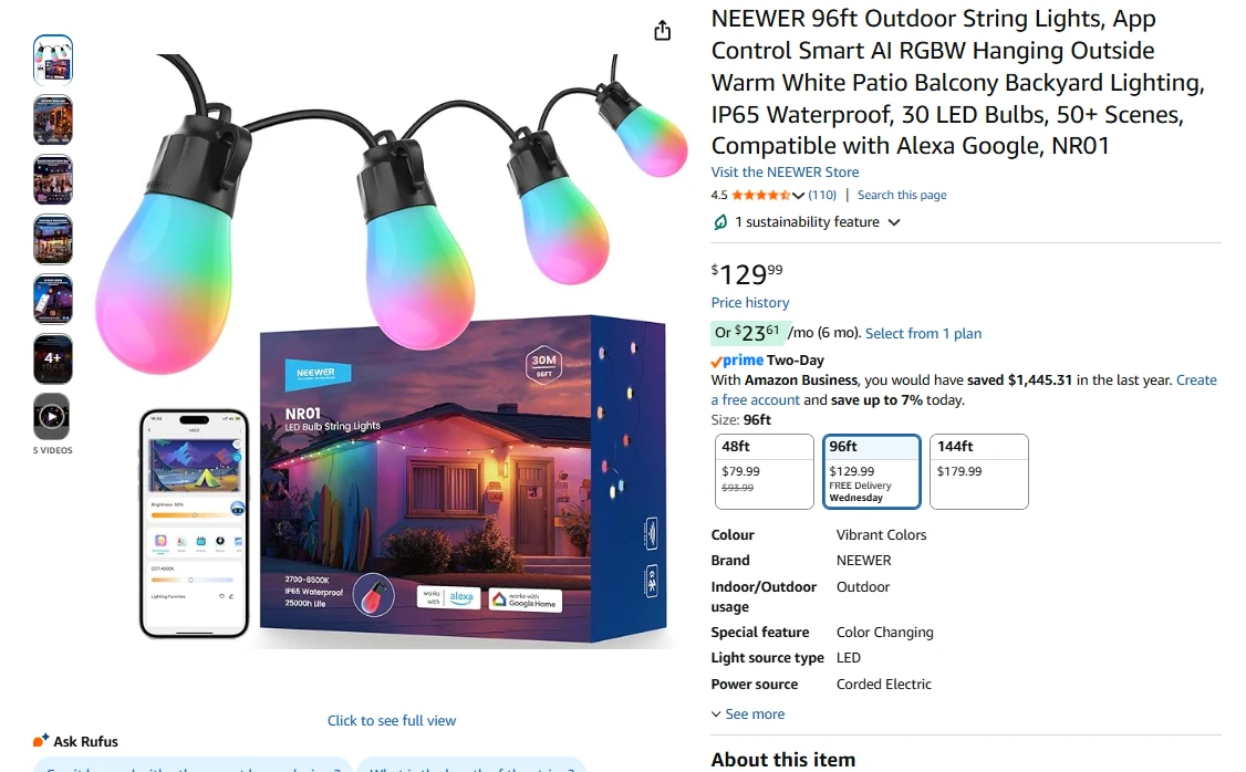 NEWEER 96ft Outdoor Smart RGB String Lights - photo 2