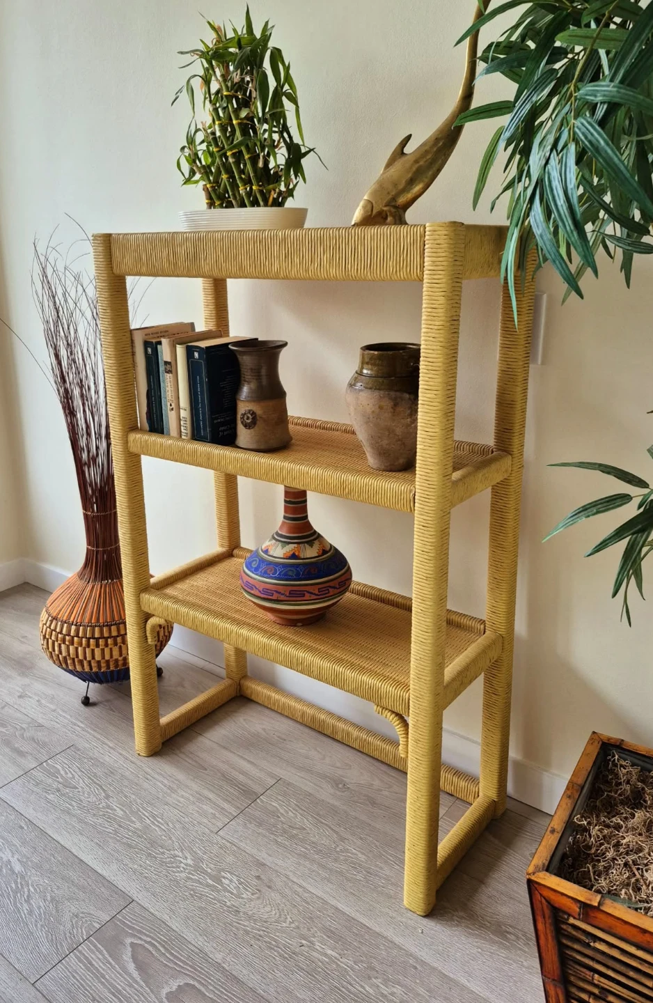 Bohemian Solid Wood Under Hand Woven Wicker Bookshelf
