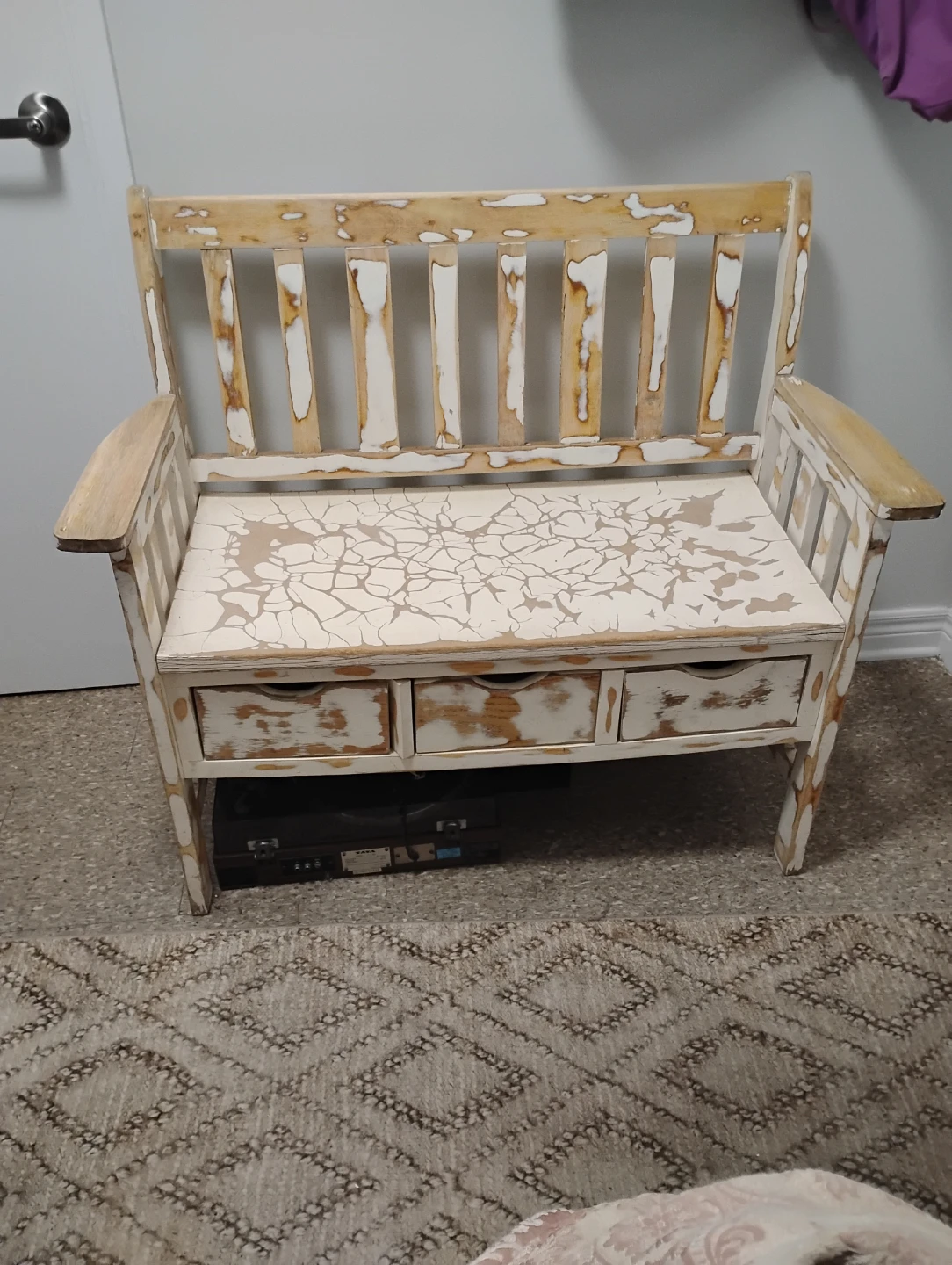 Distressed Wooden Bench with Storage Drawers