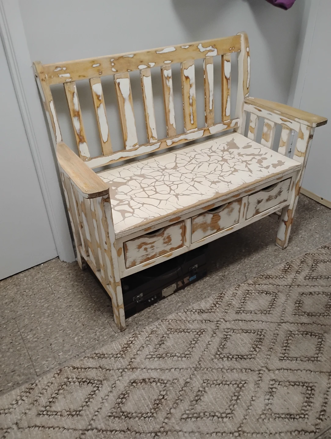 Distressed Wooden Bench with Storage Drawers - photo 3