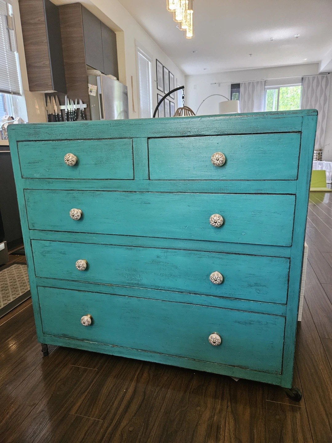 Teal Dresser with Floral Wallpaper Lining - photo 2