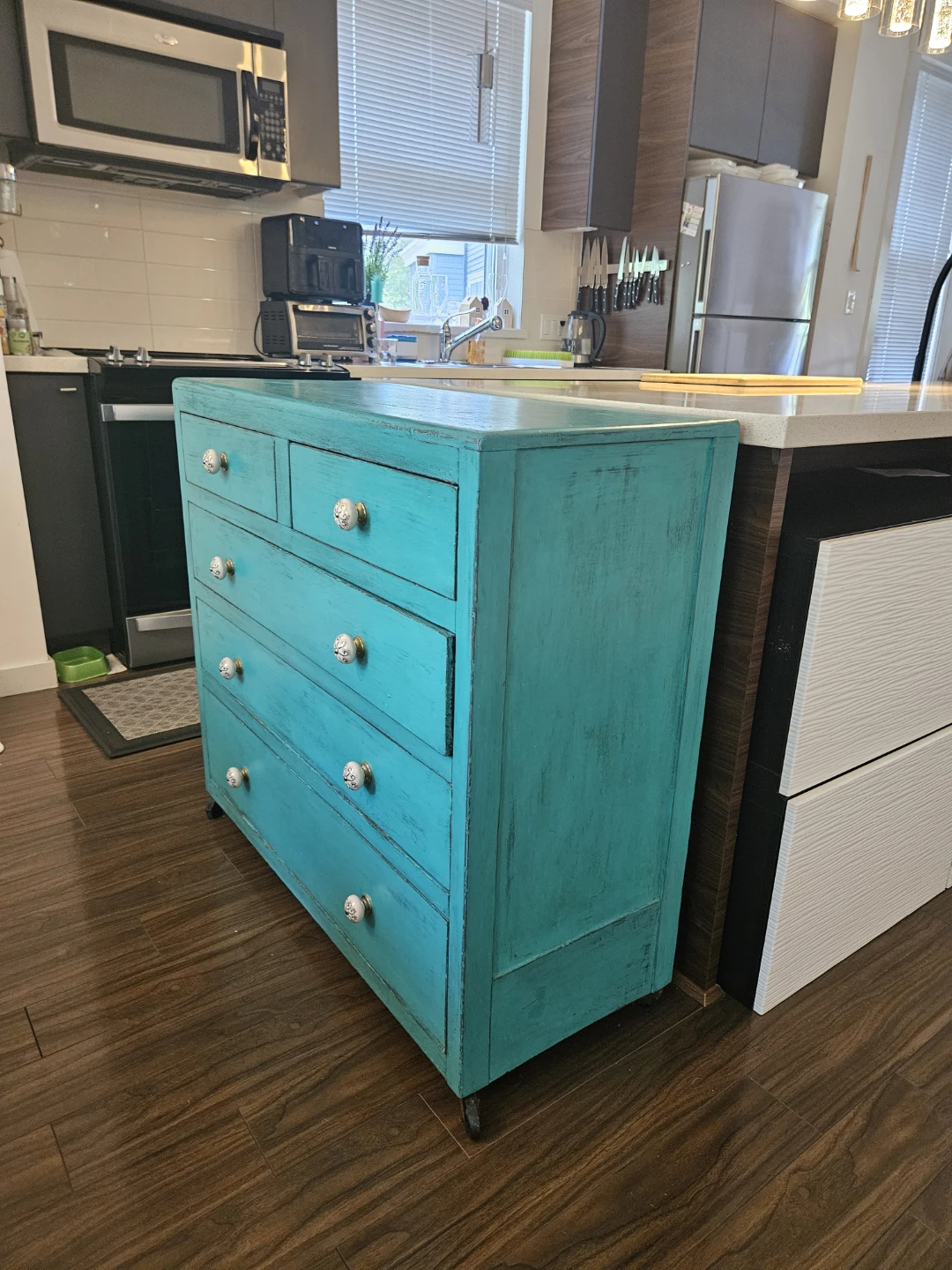 Teal Dresser with Floral Wallpaper Lining - photo 3