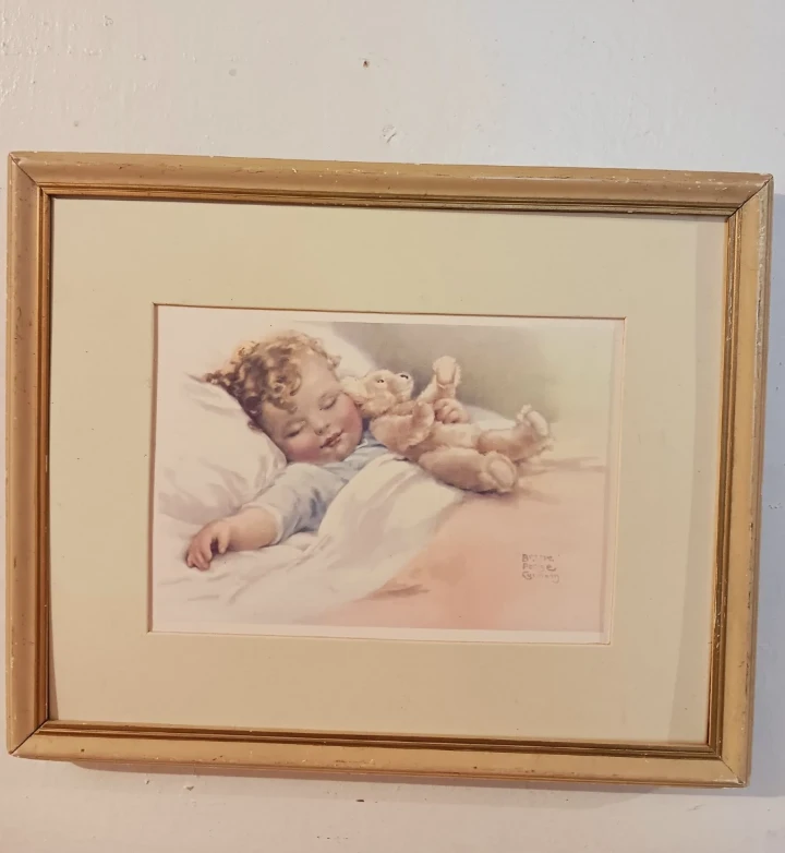 Framed Print of Sleeping Baby with Teddy Bear