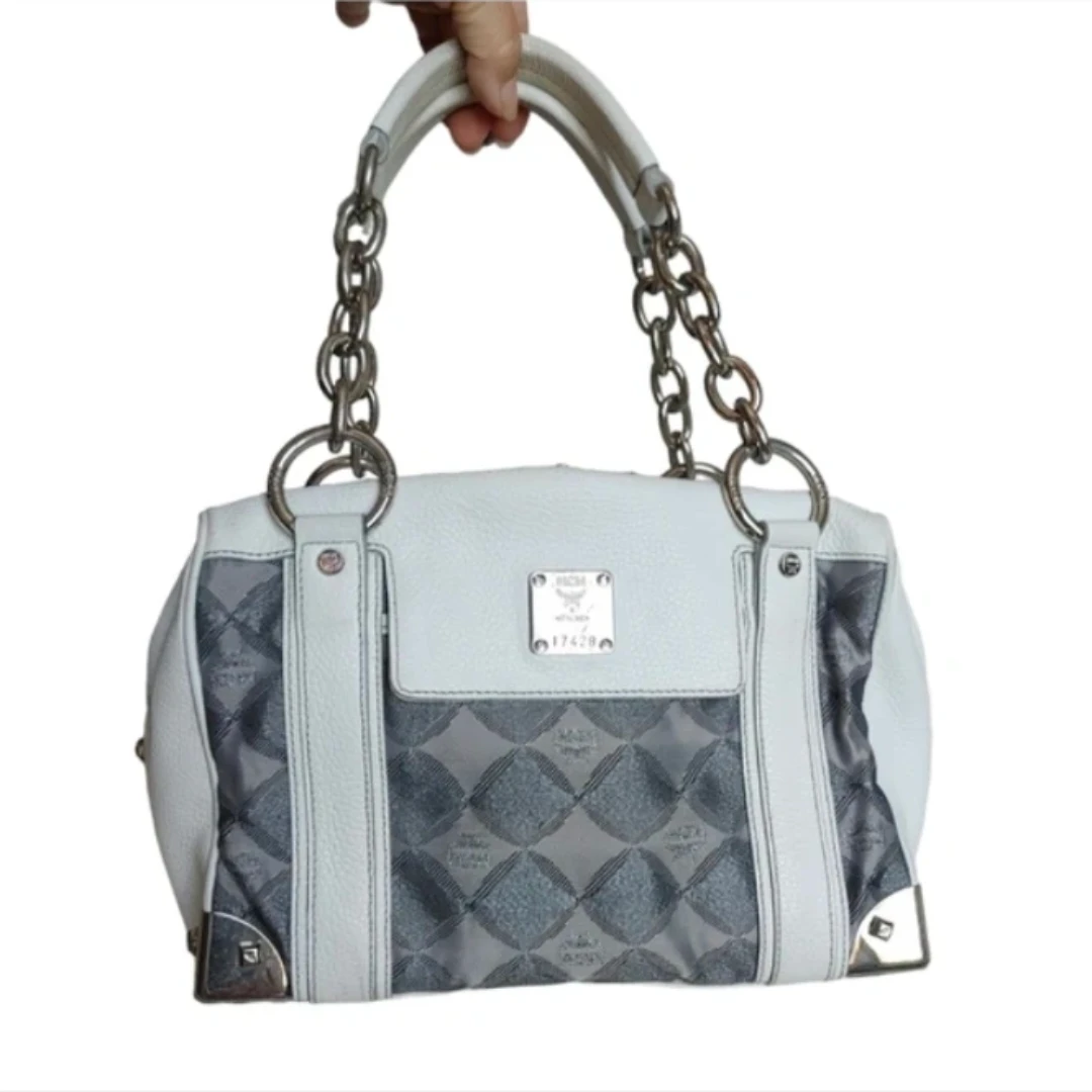 MCM White Leather & Gray Monogram Bag