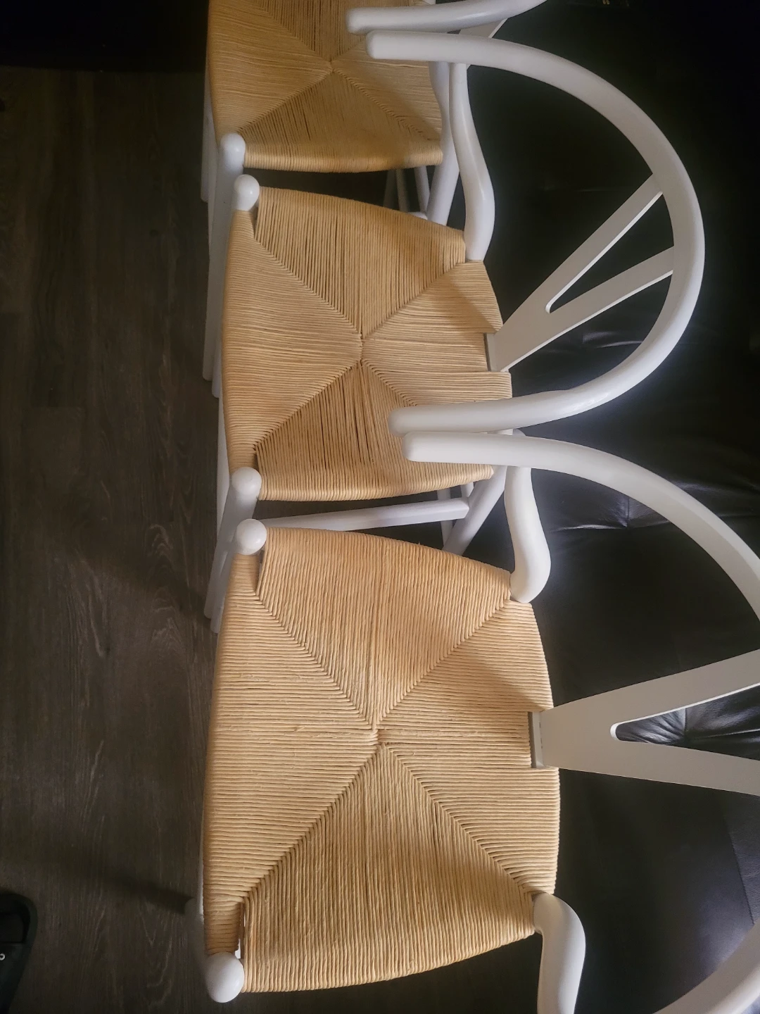 Three white counter height bone style chairs with woven seats - photo 3