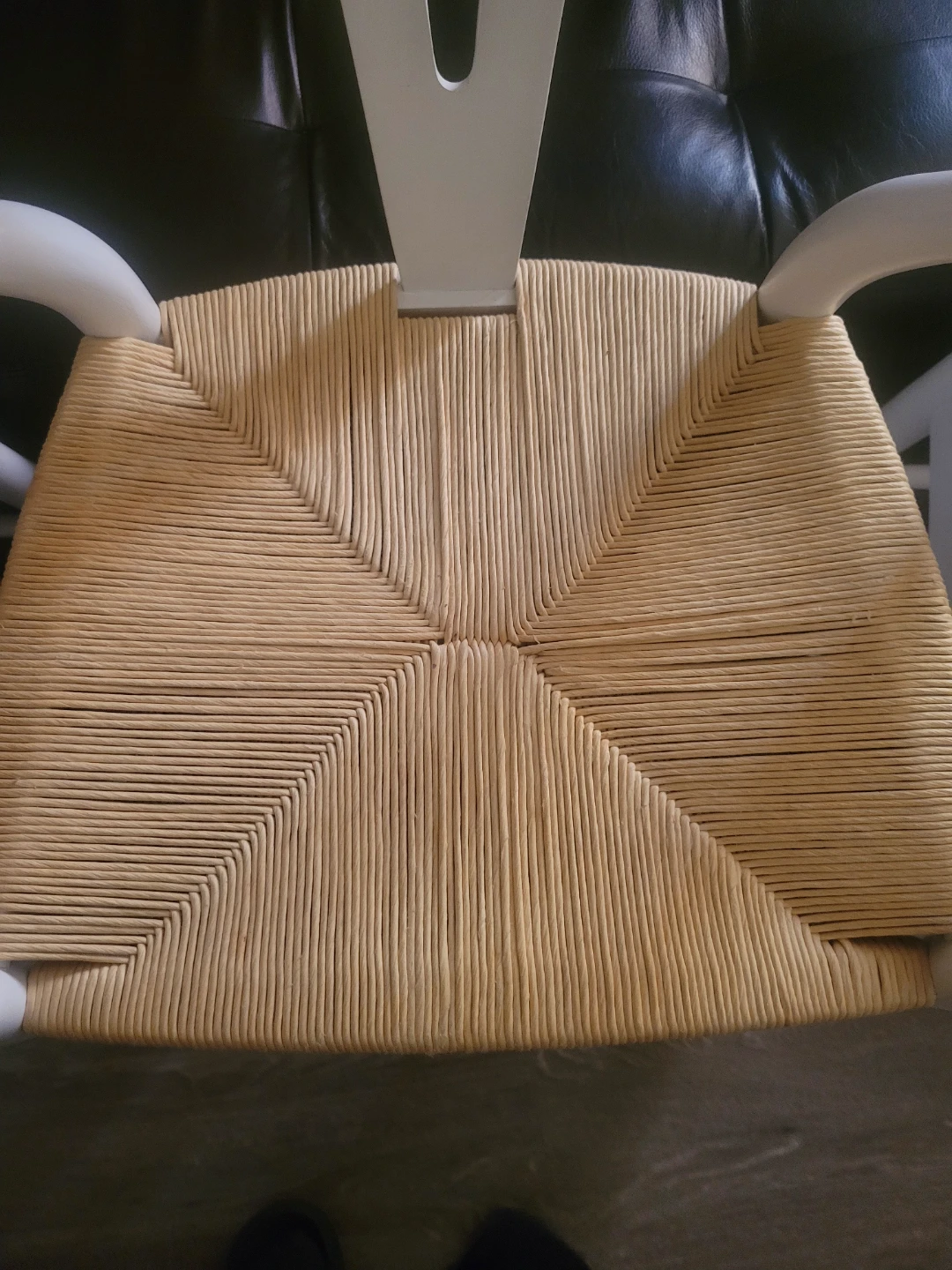 Three white counter height bone style chairs with woven seats - photo 4