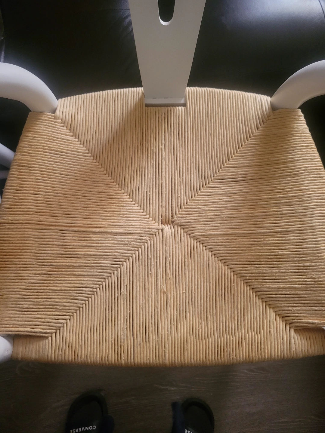 Three white counter height bone style chairs with woven seats - photo 5