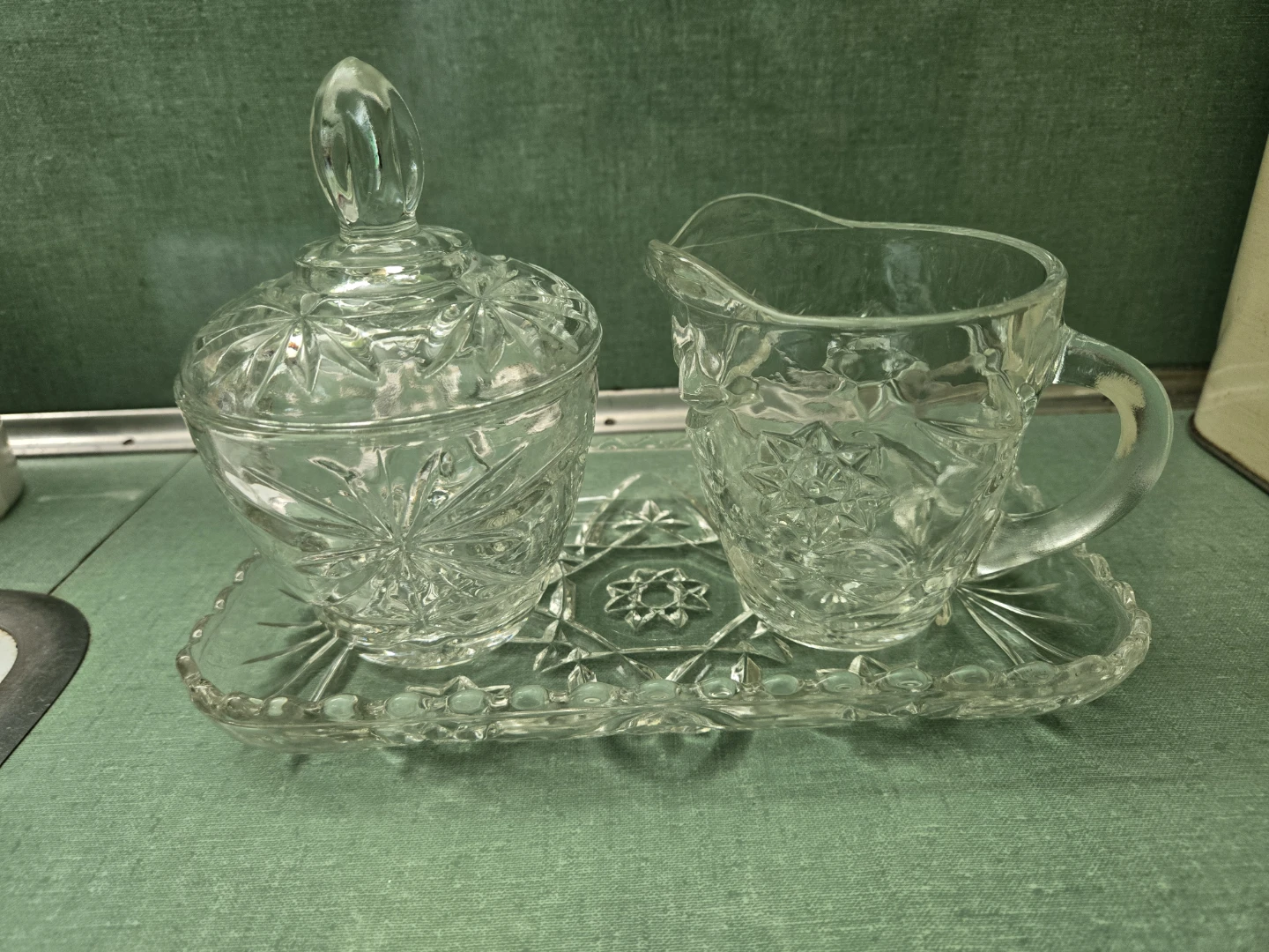 Vintage * Anchor Hocking * Cut Glass * Sugar Bowl, Creamer, Tray