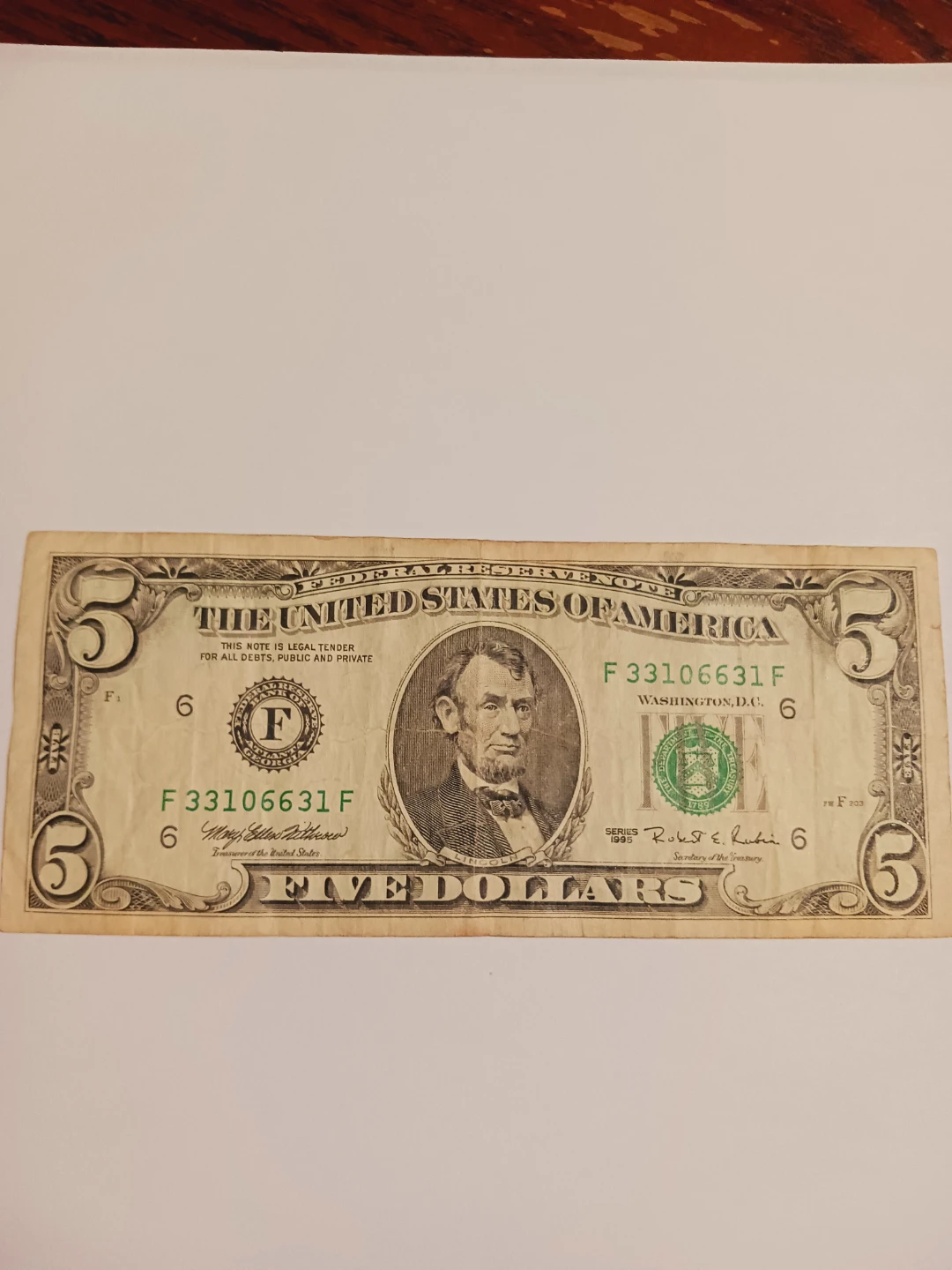 1995. United States Five Dollar Banknote Series F. - photo 3