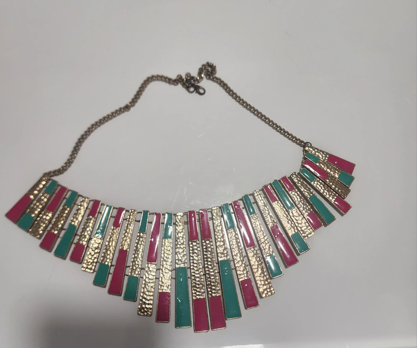 Statement Necklace - Gold Tone with Teal and Magenta Accents