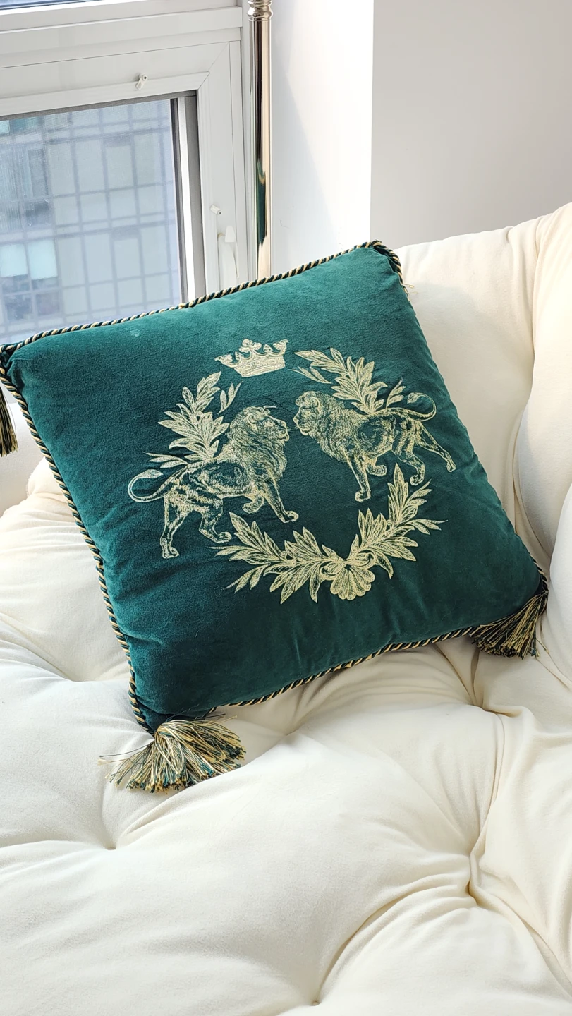 H&M Home Regal Lion Crest Velvet Cushion with Tassels