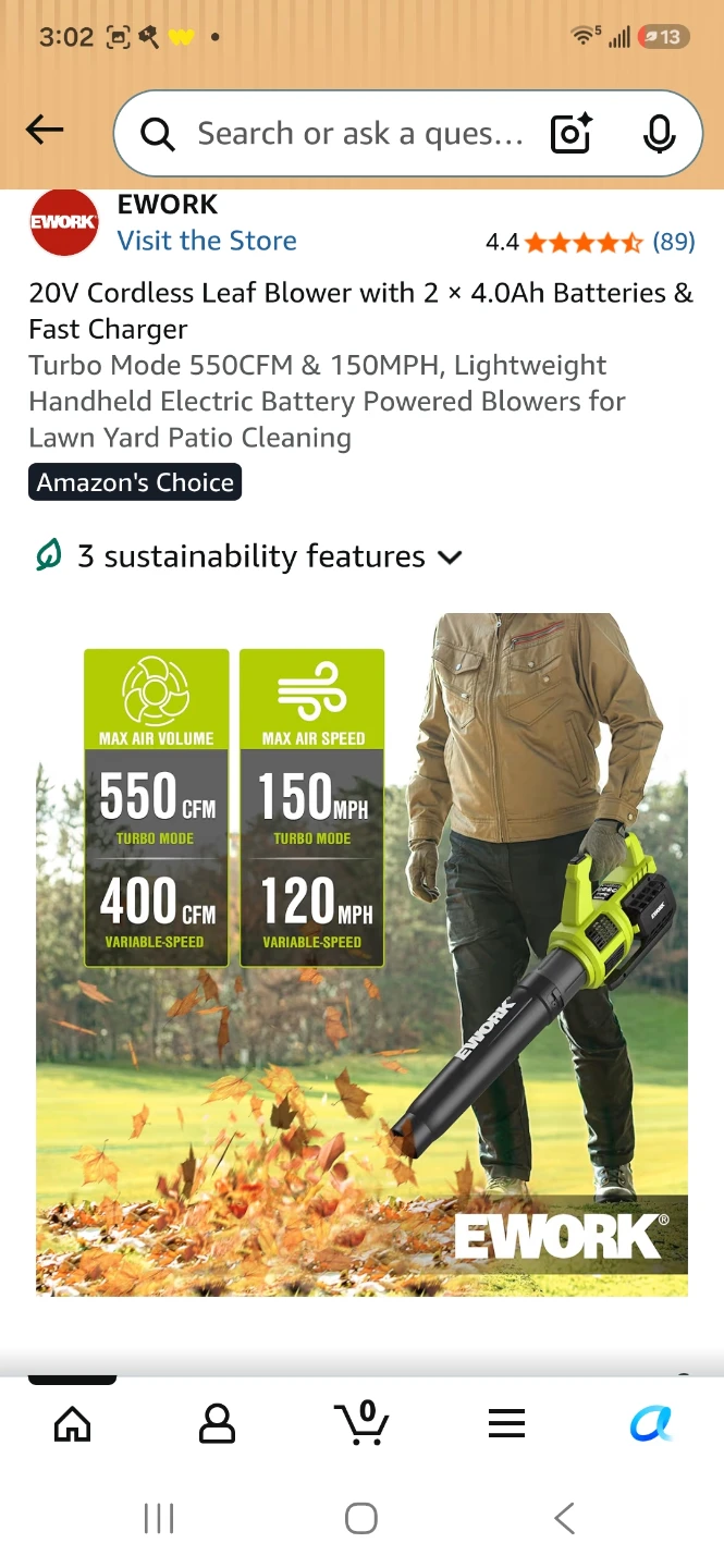 EWORK 20V Cordless Leaf Blower Kit with 2 Batteries - photo 2