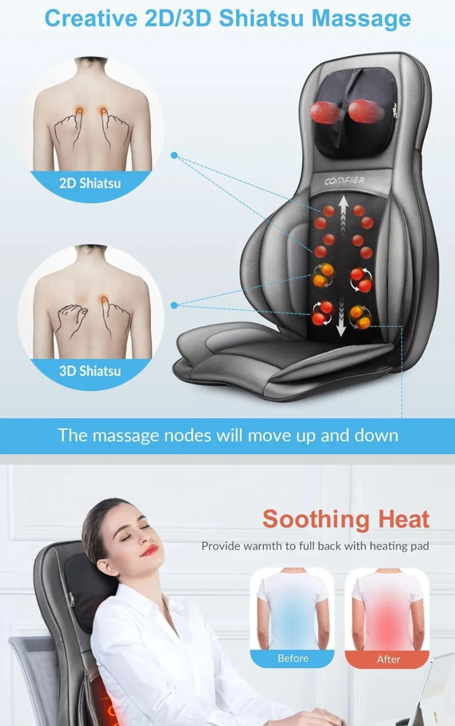 Comfier 2D/3D Shiatsu Massage Seat Cushion with Heat - photo 4