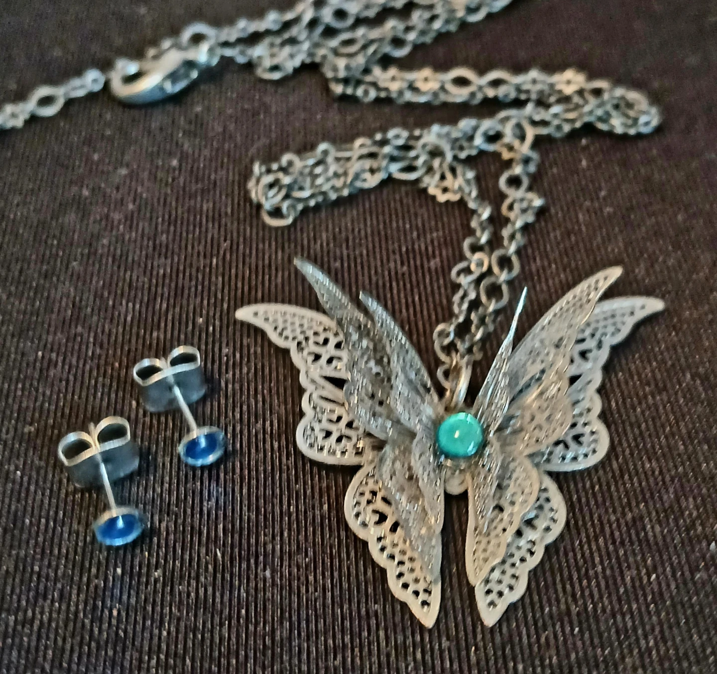 Silver Tone Butterfly Pendant Necklace and Earrings Set - photo 2