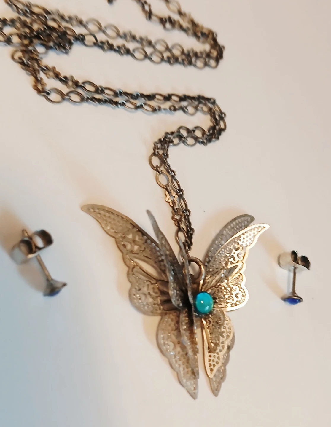 Silver Tone Butterfly Pendant Necklace and Earrings Set - photo 5