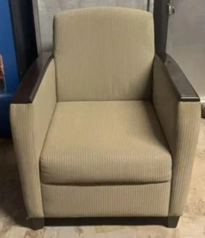 2 Cream Armchairs with Dark Wood Accents