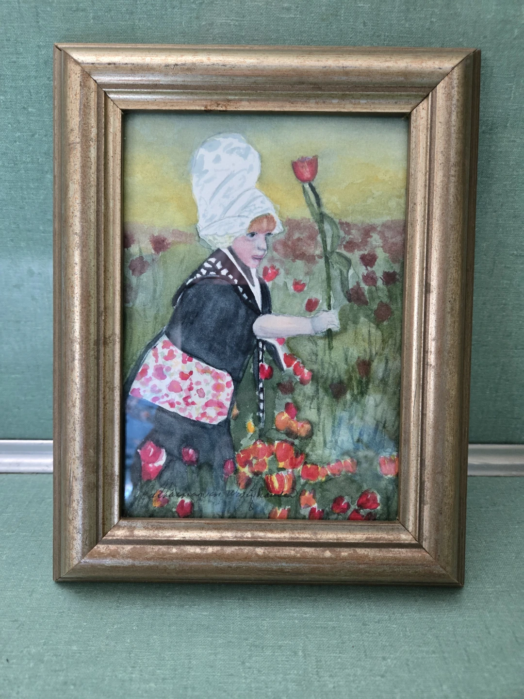 Vintage DUTCH PAINTING * Dutch Girl in Tulip Field *