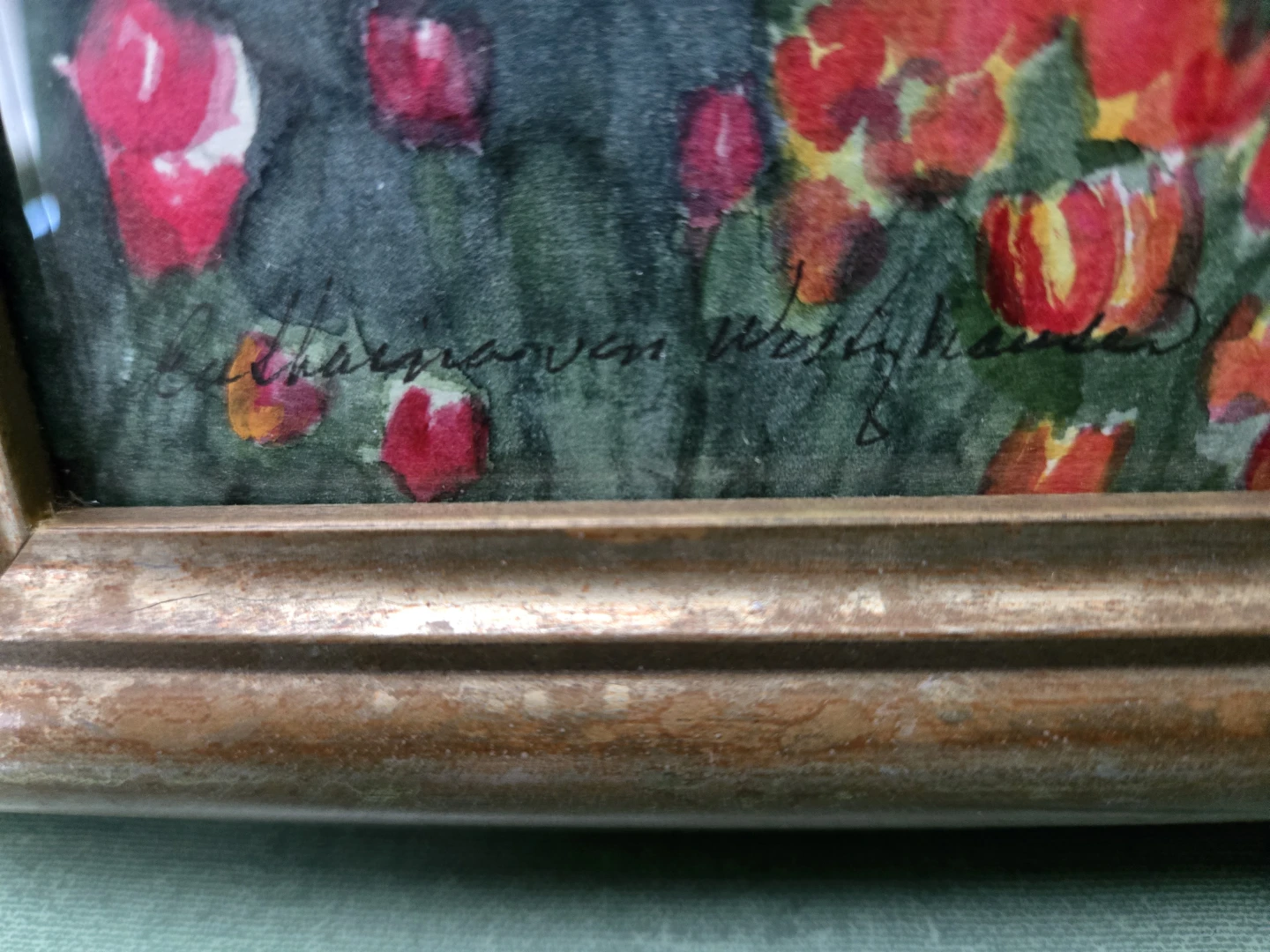 Vintage DUTCH PAINTING * Dutch Girl in Tulip Field * - photo 2