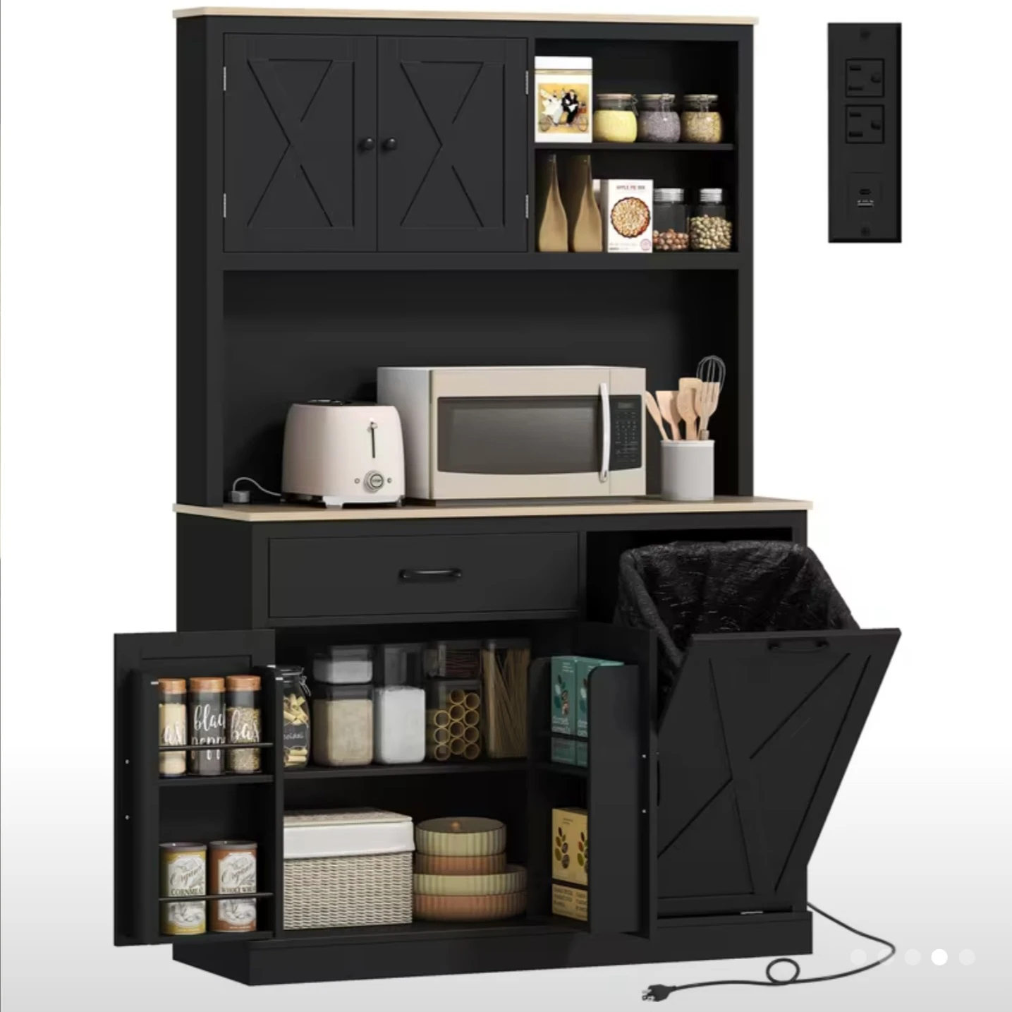 Black Kitchen Hutch with Trash Can Cabinet