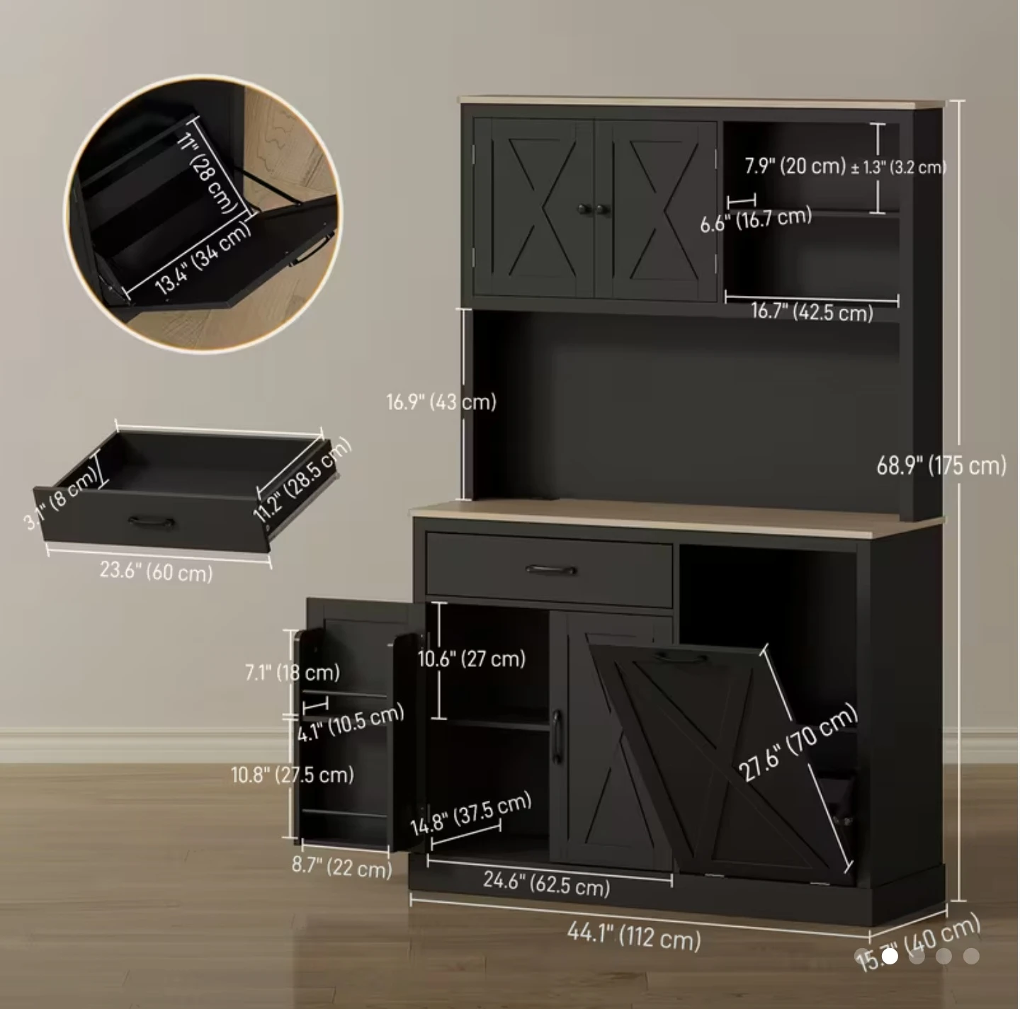 Black Kitchen Hutch with Trash Can Cabinet - photo 2