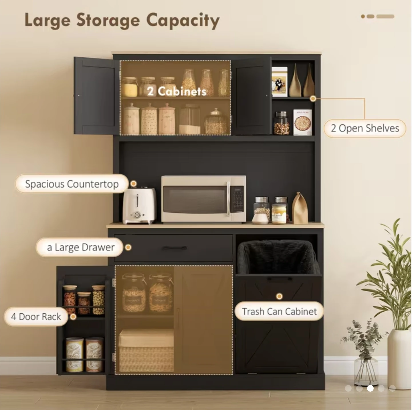 Black Kitchen Hutch with Trash Can Cabinet - photo 4