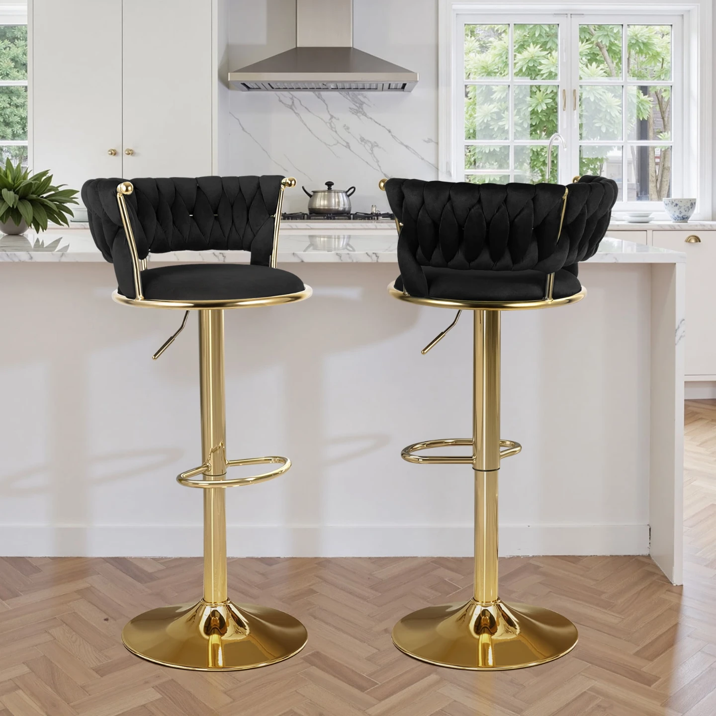 Brand new 2 set Black Velvet Bar Stools with Gold Base - photo 3
