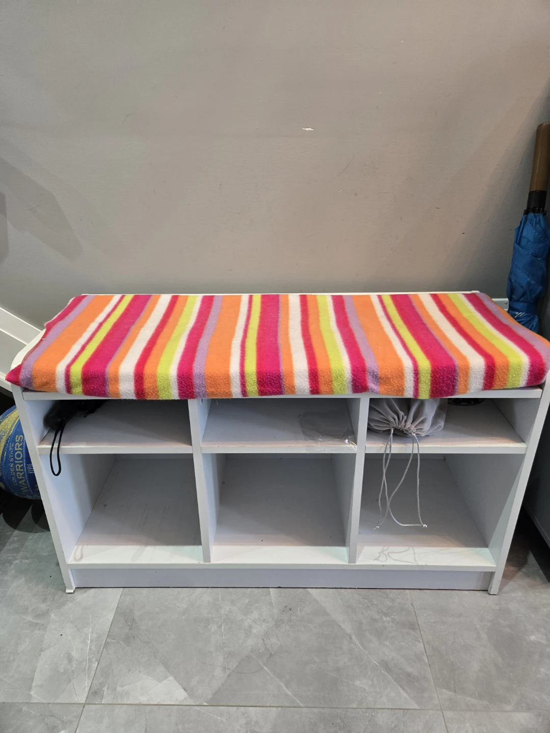 White Storage Bench with Striped Cushion