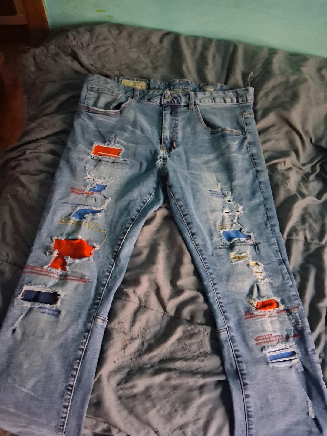 Distressed Patchwork Denim Jeans
