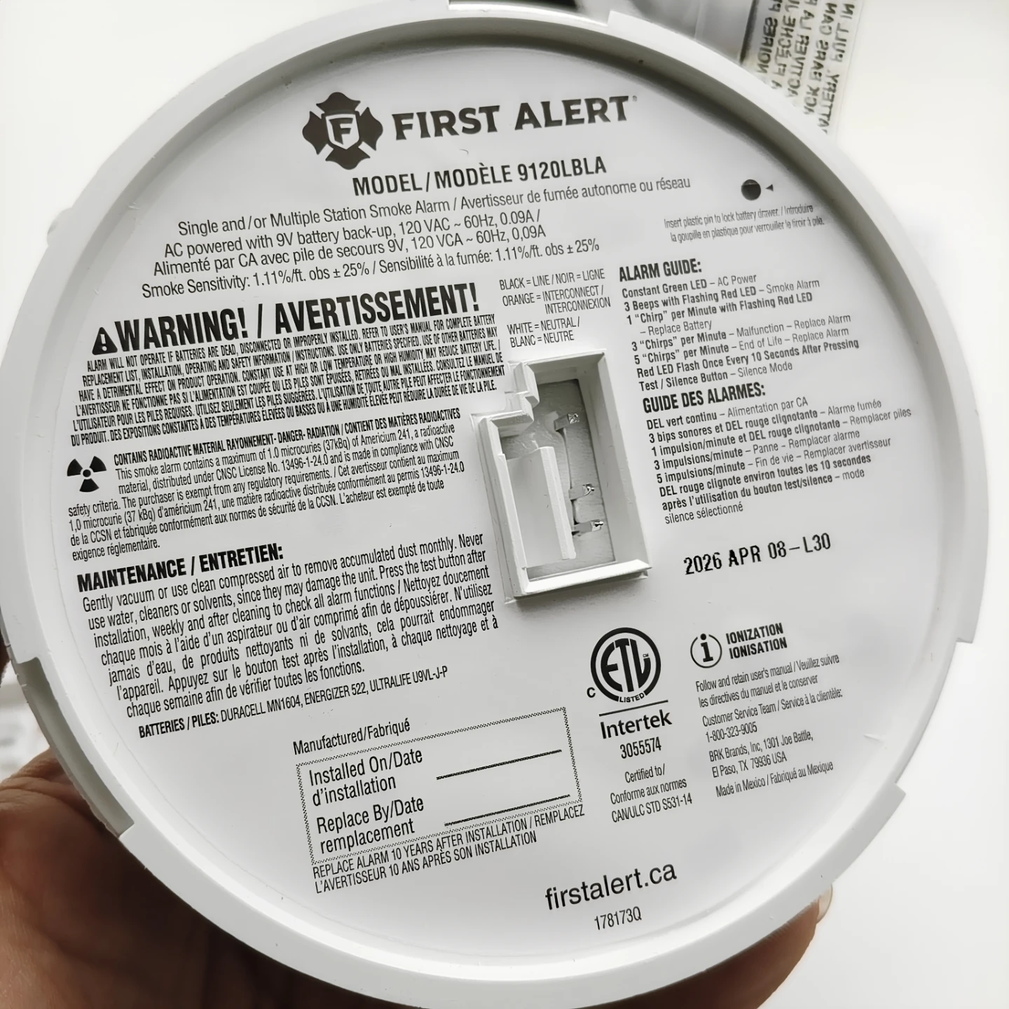 First Alert Smoke Alarm Model 9120LBLA - photo 4