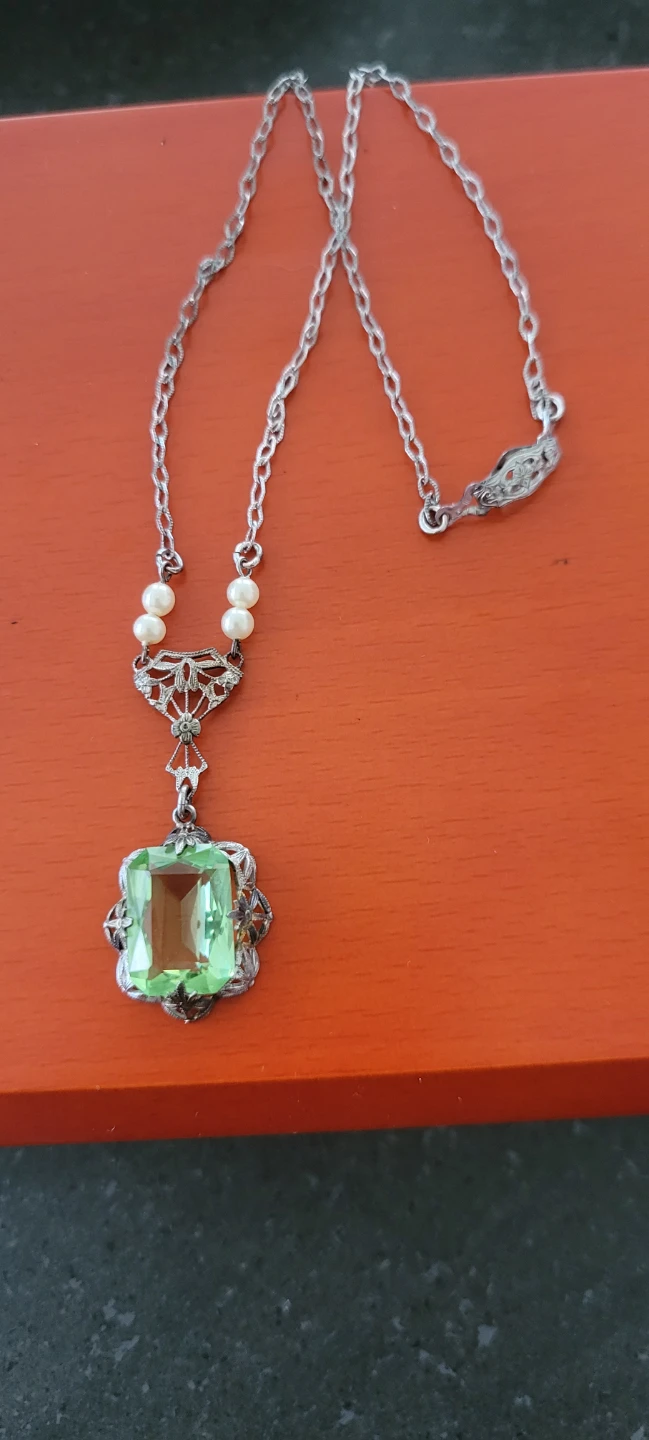 Antique Pendant Necklace with Green Stone and Pearls
