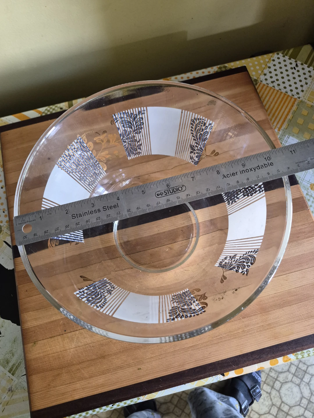 Glass Serving Bowl with Gold and Black Design