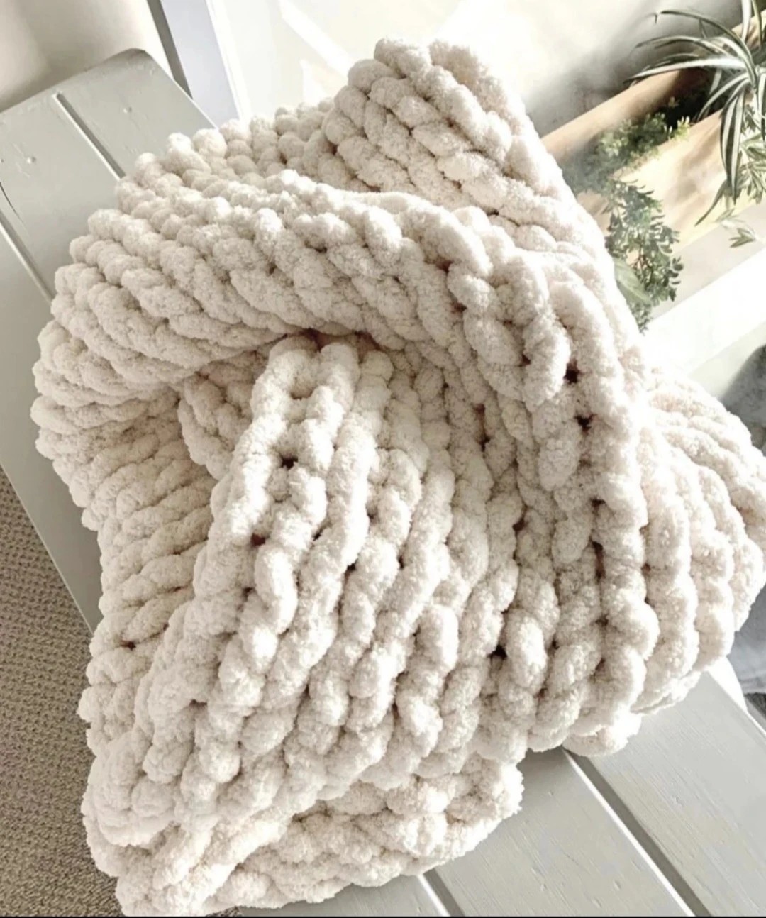 NEW XL Chunky Knit Chenille Blanket | Handmade Throw | White