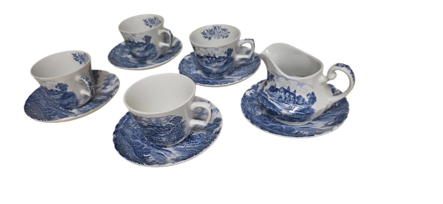 Vintage Blue Willow Teacup and Saucer Set with Creamer
