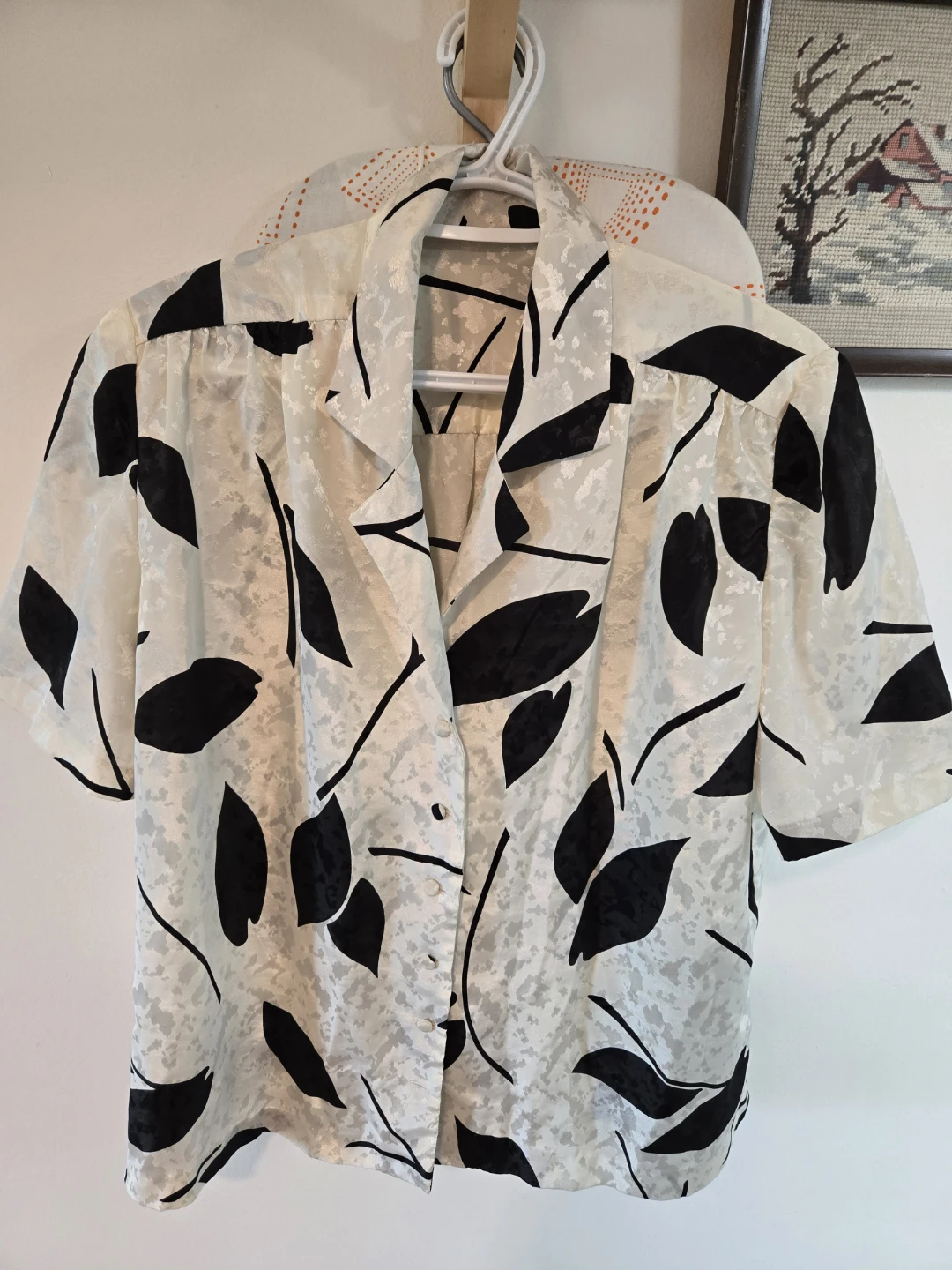 Vintage Short Sleeve Leaf Print Blouse