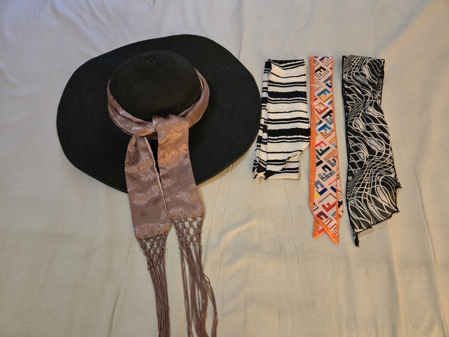 Wide Brim Black Hat with Scarves