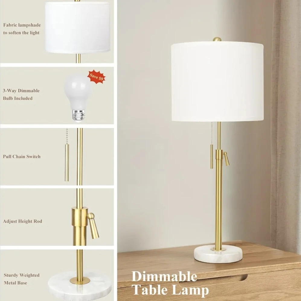 Table Lamp Set of 2, Adjustable Pull Chain Switch Dimmable - photo 2