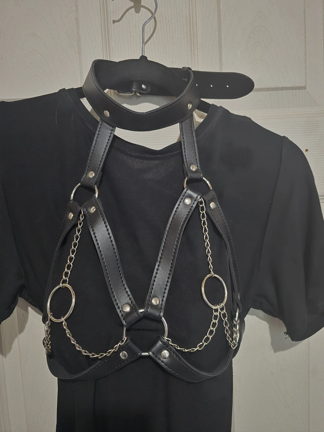 Black Leather Harness Top with Chains