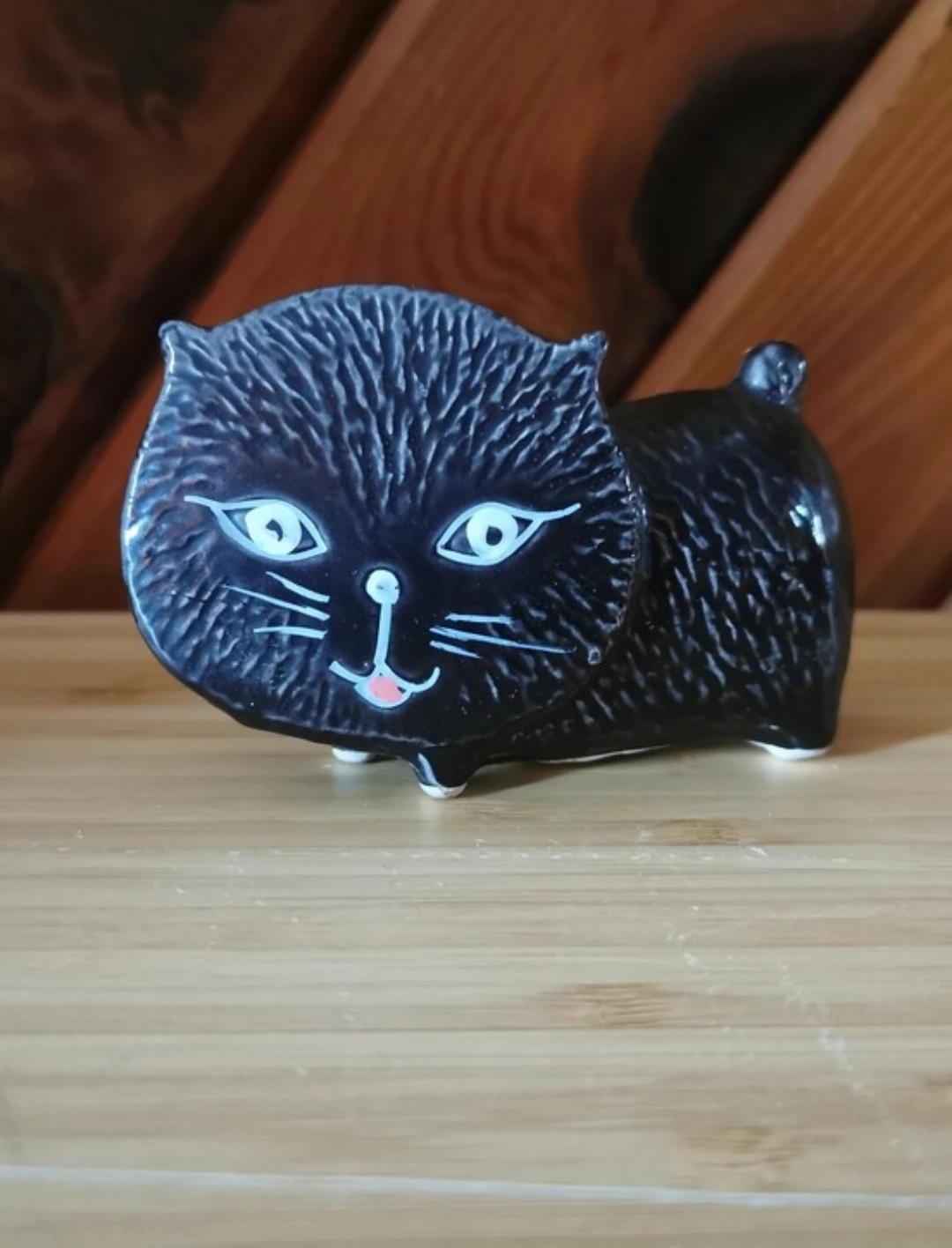 Vintage Mid-Century Hand-Painted Black Ceramic Cat Figurine