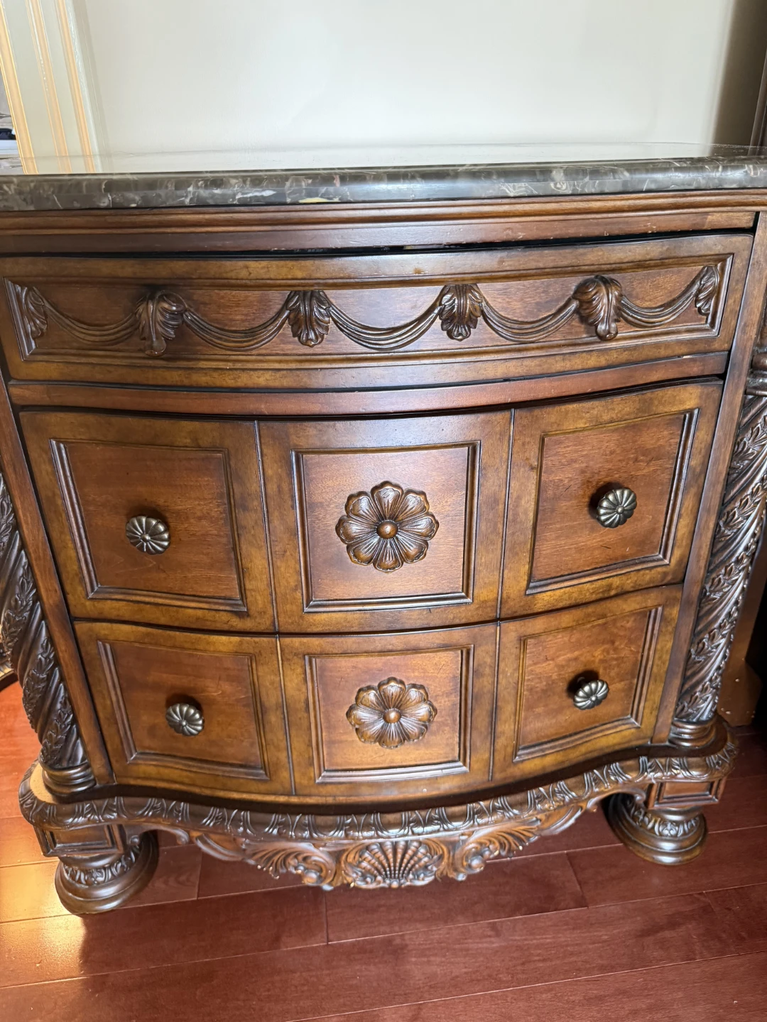 Ornate Wooden Nightstand with Marble Top