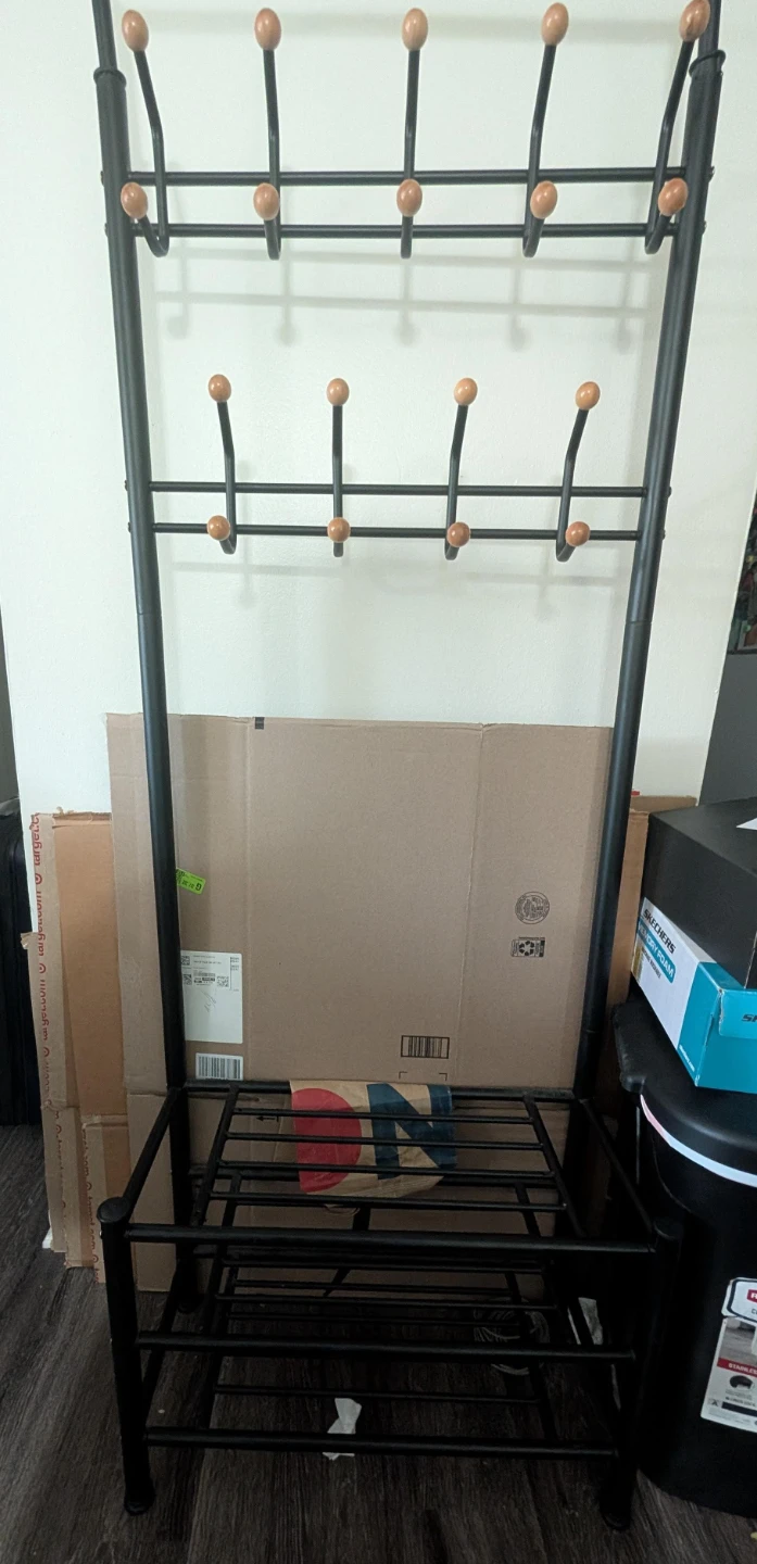 Black Metal Hall Tree with Coat Hooks and Shoe Rack