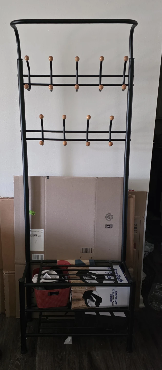 Black Metal Hall Tree with Coat Hooks and Shoe Rack - photo 2