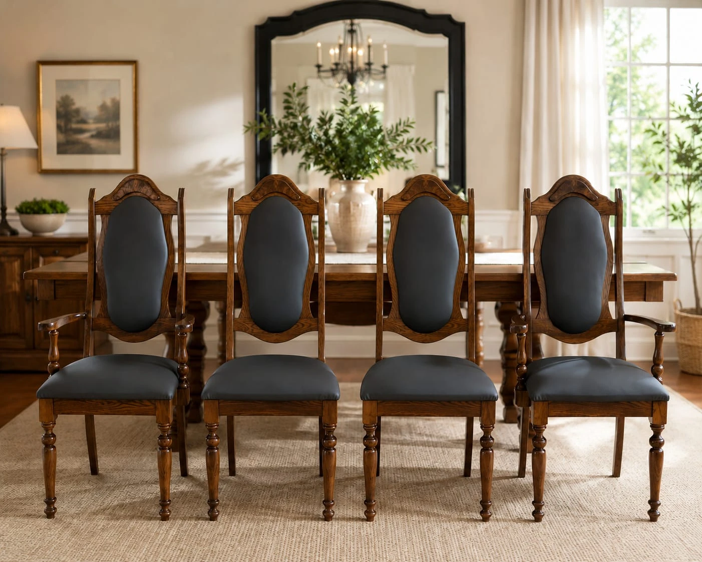 Set of 4 Vintage Oak Dining Chairs with primum leather