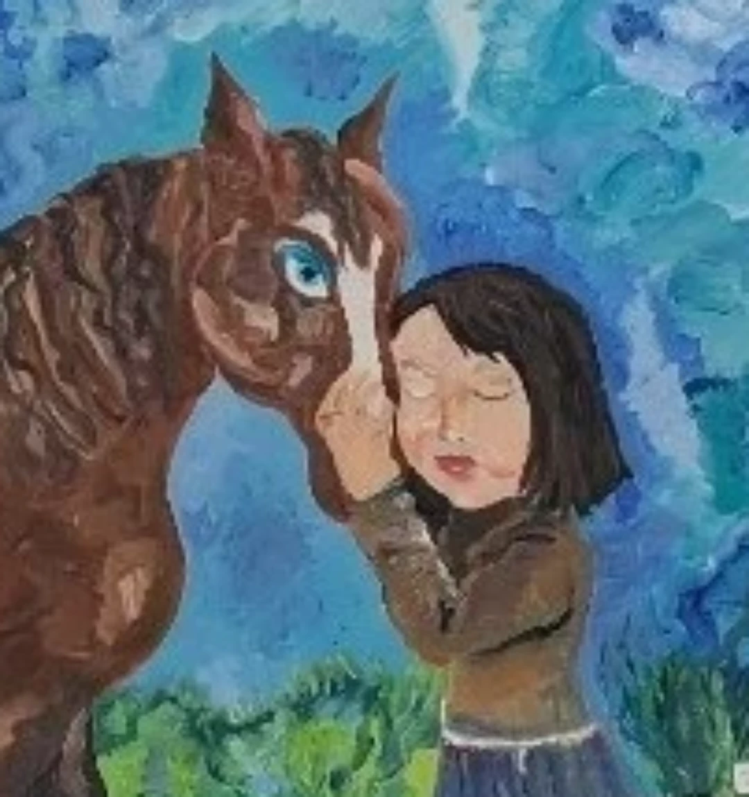 Large original Painting full color hand signed girl and horse - photo 3