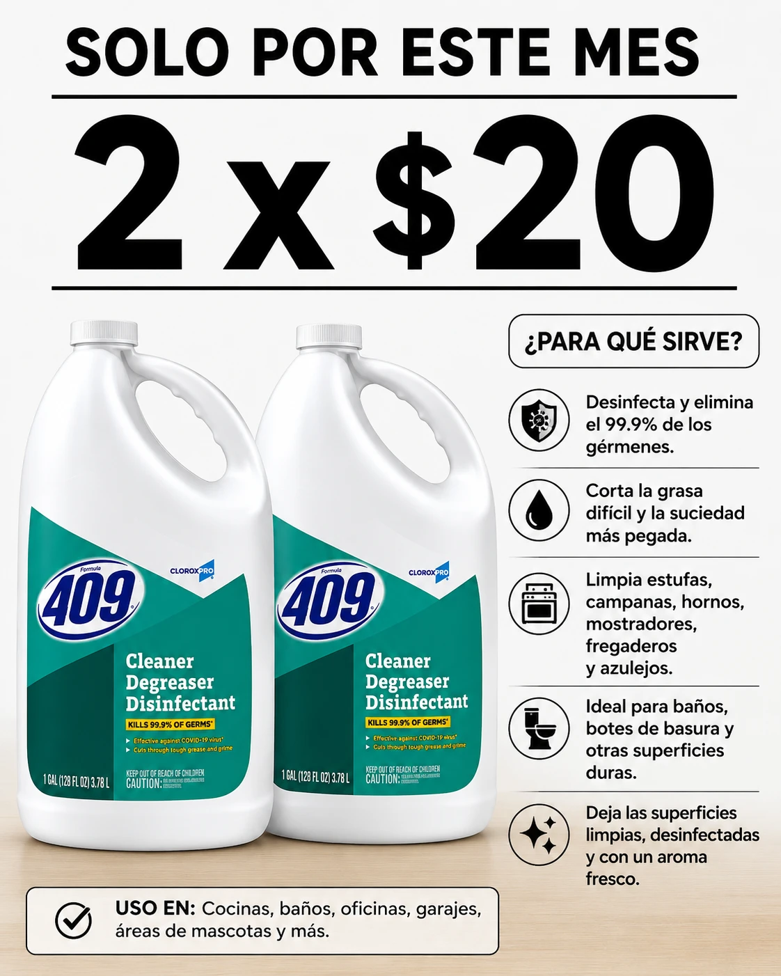 CloroxPro 409 Cleaner Degreaser Disinfectant, 2 x 1 Gallon