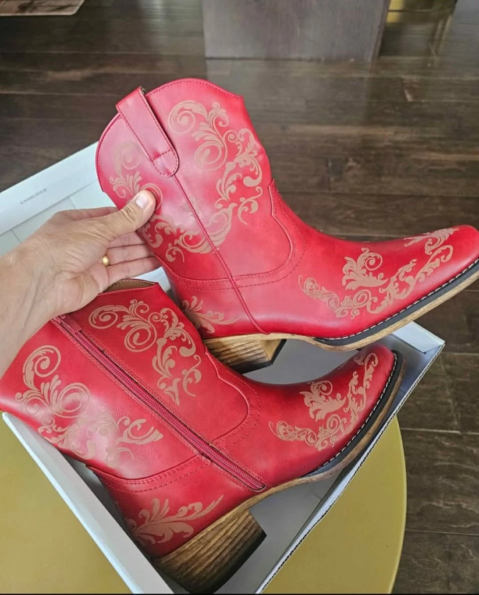 Women's Cowboy Cowgirl Western Ankle Boots Low Chunky ... - photo 4