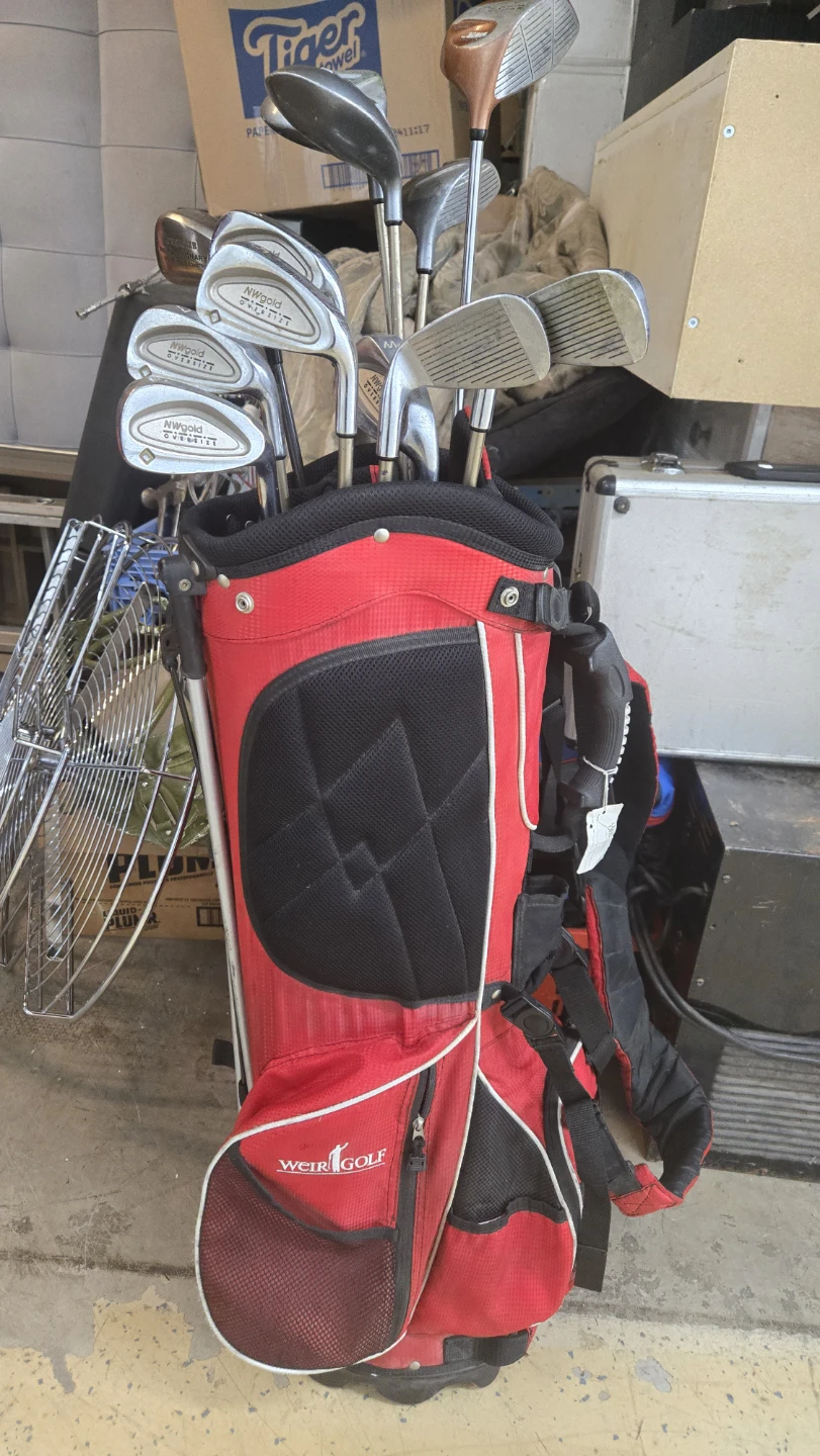 Red Golf Bag with Assorted Clubs