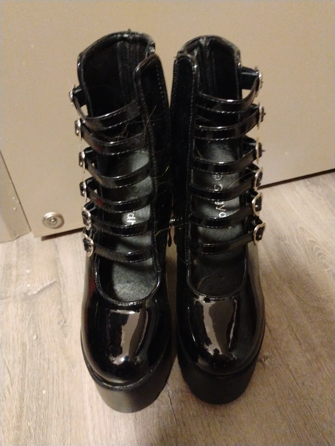 Black Patent Platform Boots with Heart Buckles
