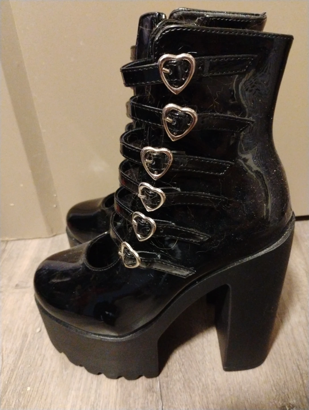 Black Patent Platform Boots with Heart Buckles - photo 2