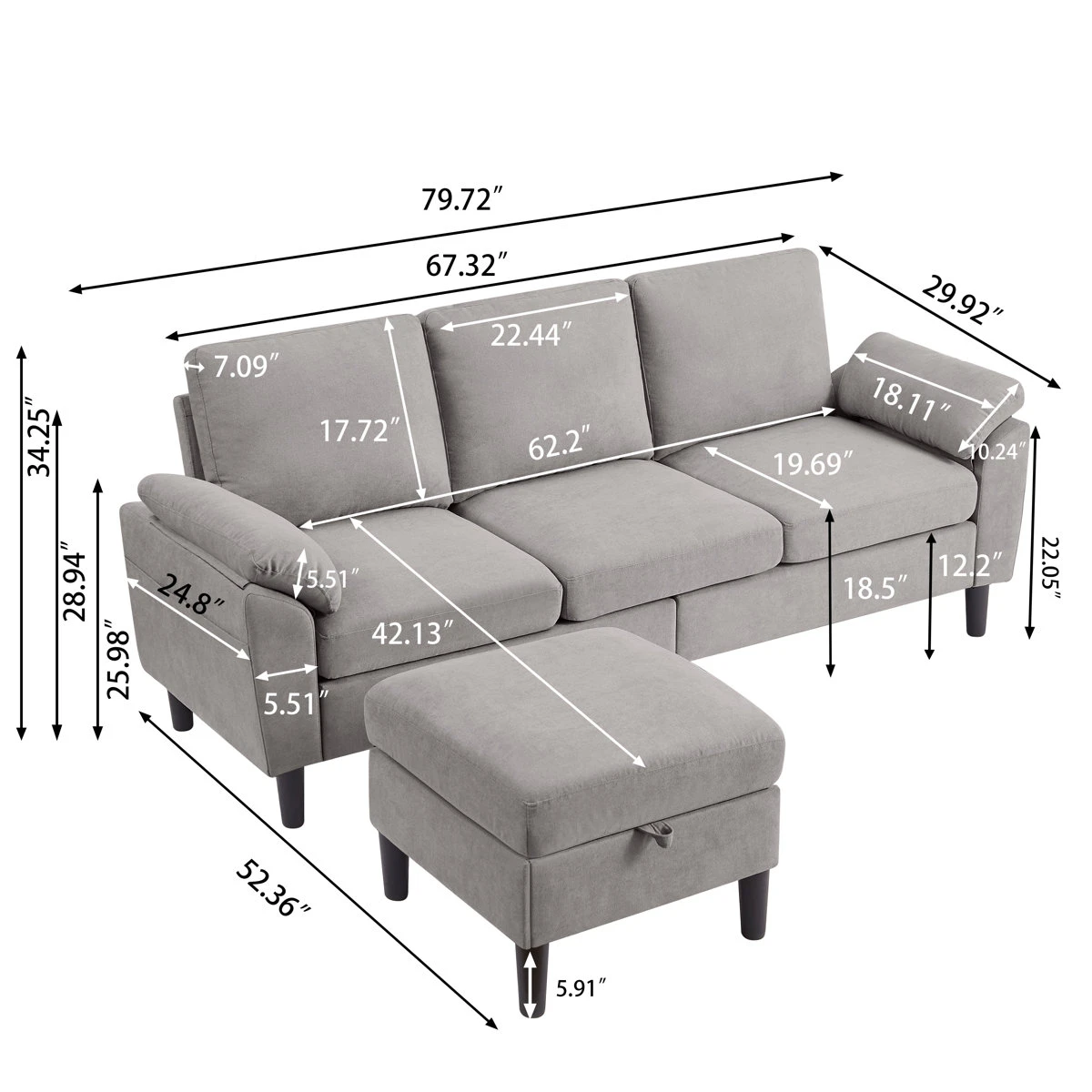 Grey 3-Seater Sofa with Ottoman (with storage) - 1 Year of Usage - photo 2